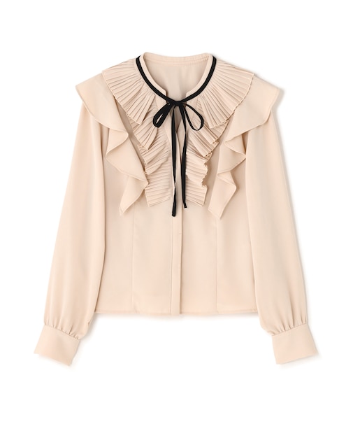 プリーツフリルリボンタイブラウス