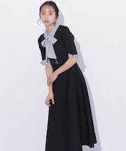 シャツ襟ドッキングニットワンピース半袖