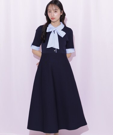 シャツ襟ドッキングニットワンピース半袖