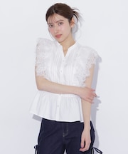 レースフリルペプラムブラウス