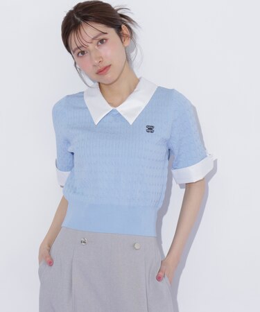 シャツ襟レイヤードニット