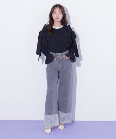 裾レースワイドデニムパンツ