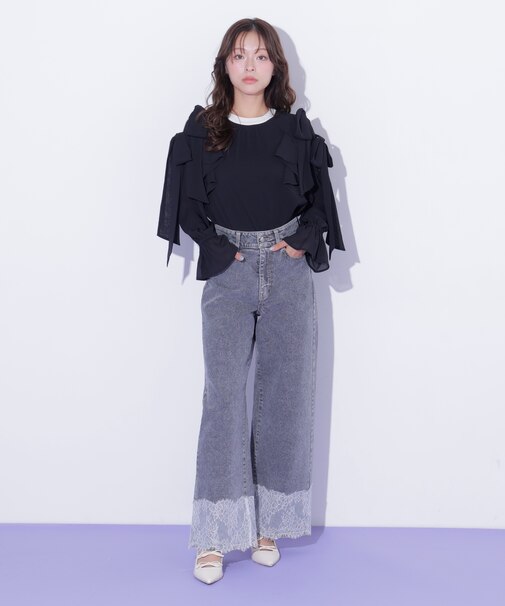裾レースワイドデニムパンツ