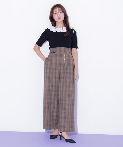 <セットアップ対応>チェーンベルトタックワイドパンツ