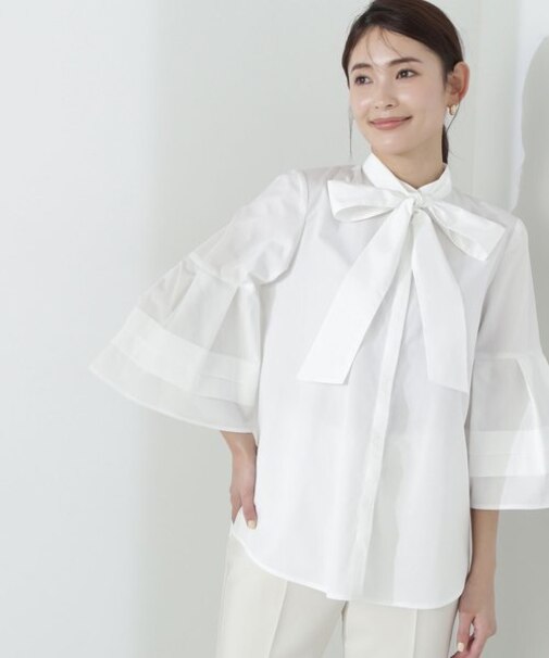 フレアカフスリボンボウブラウス