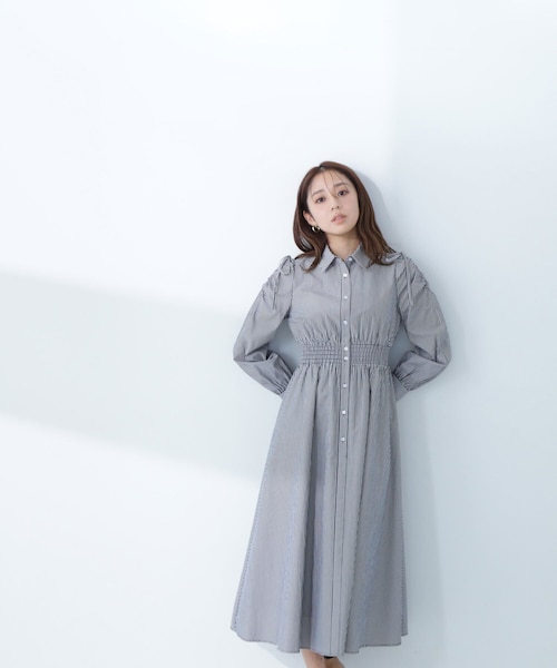 キャンディスリーブストライプワンピース ギャザースリーブストライプシャツワンピース｜ナチュラル