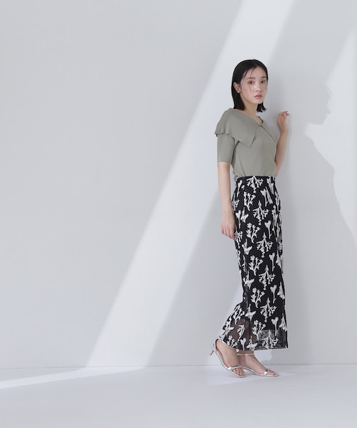 フラワー刺繍メッシュナロースカート