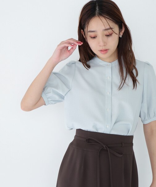 リネンライク切替スリーブブラウス