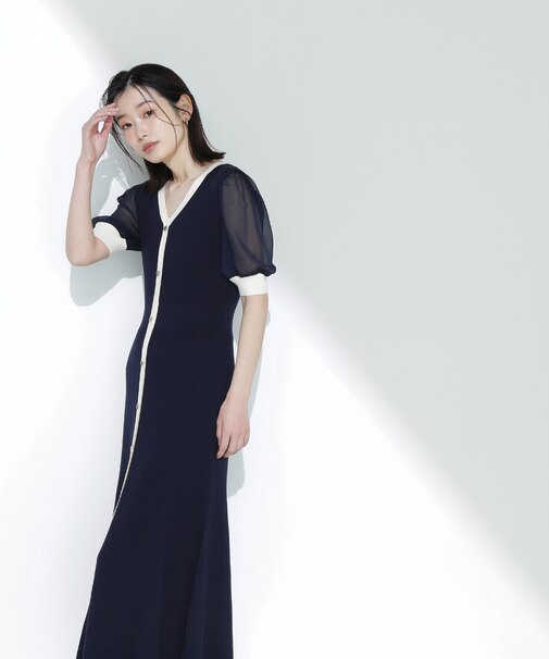 シアースリーブバイカラーニットワンピース