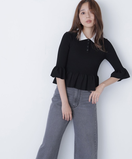 ダブルカラーペプラムニット