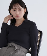 ポロカラーVネックリブニット