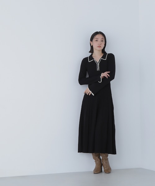 スキッパーバイカラーニットワンピース｜ナチュラルビューティー