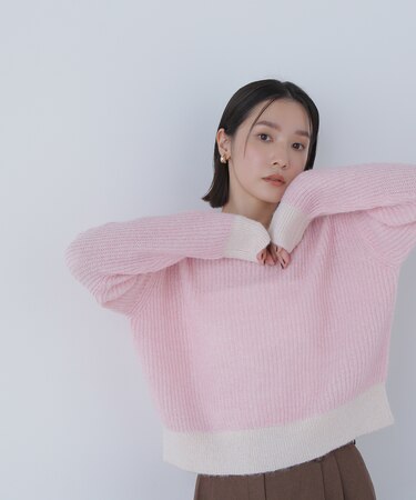 配色リブボクシーニット