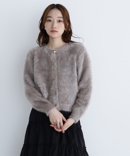 デザインボタンラメシャギーカーディガン｜ナチュラル
