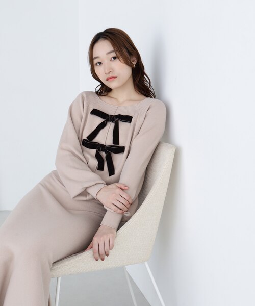 ナチュラルビューティーベーシック ベロアリボンカーデ＆リブキャミワンピース ベロアリボンカーデ＆リブキャミワンピース｜ナチュラルビューティー