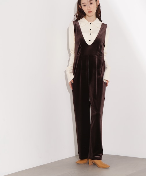 Vネックベロアサロペット