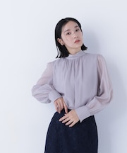 ハイネックボリュームシアーブラウス