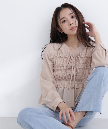 フロントリボンペプラム楊柳ブラウス