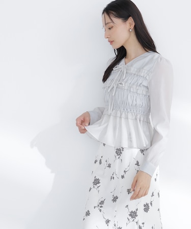 フロントリボンペプラム楊柳ブラウス