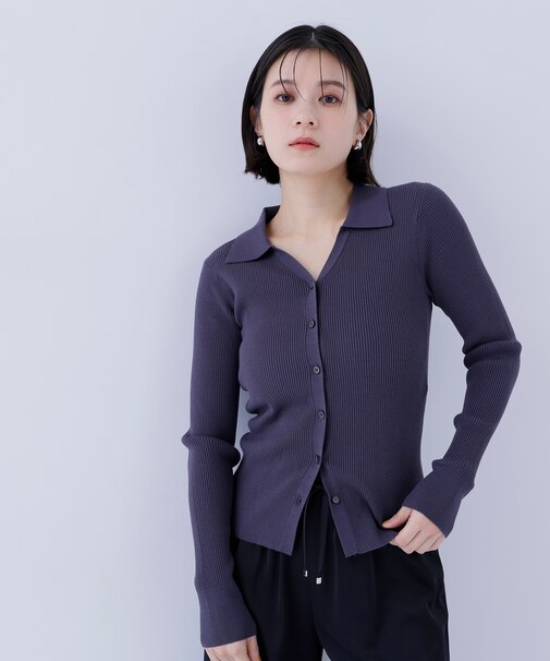 襟付Vネックリブニット