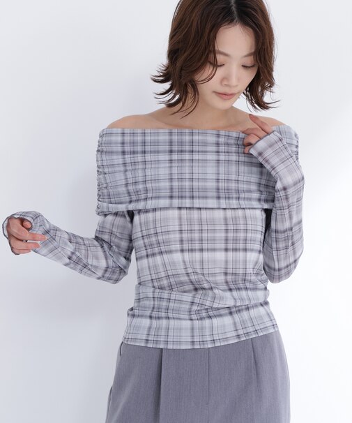 シアーチェックオフショルトップス