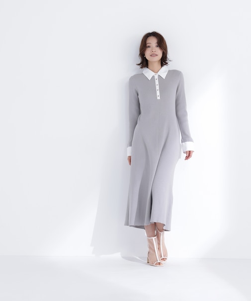 襟付リブニットワンピース