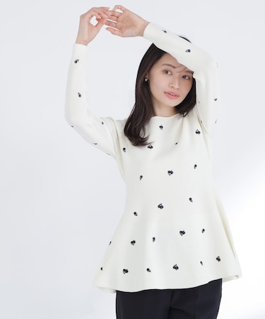 刺繍ペプラムニット