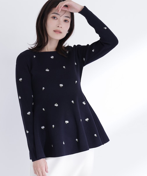 刺繍ペプラムニット
