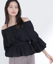 メッシュギャザーペプラムブラウス