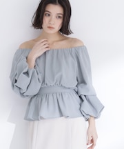 メッシュギャザーペプラムブラウス