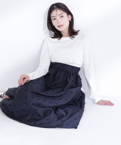 リボンジャガードドッキングワンピース｜ナチュラルビューティー