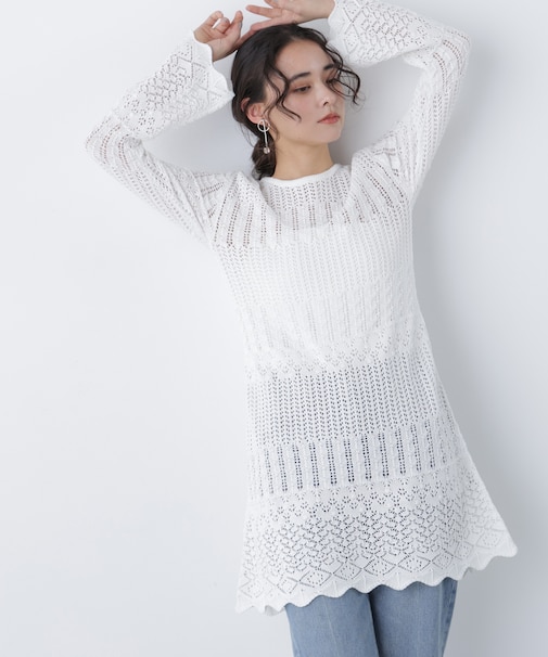 〈N.〉透かし編みニットミニワンピース