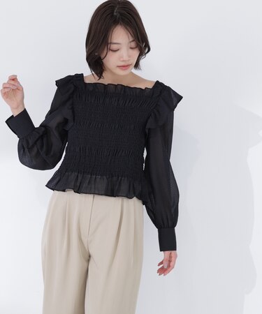 シアーチェックシャーリングブラウス