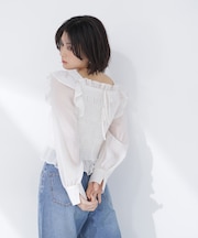 シアーチェックシャーリングブラウス