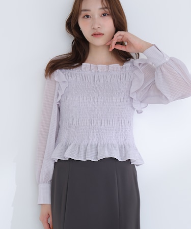 シアーチェックシャーリングブラウス