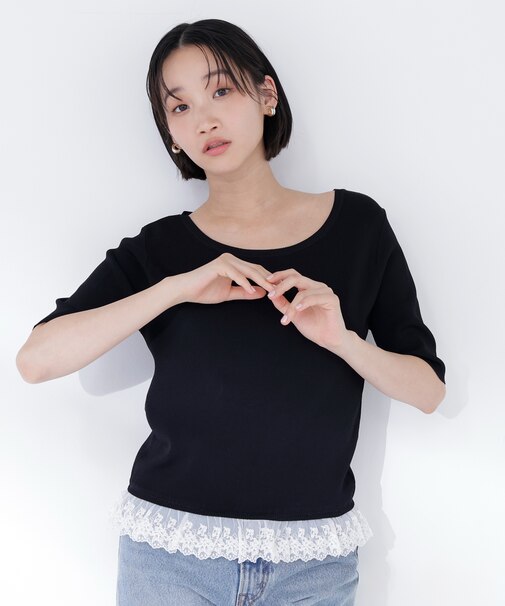 レースドッキングハーフスリーブニット