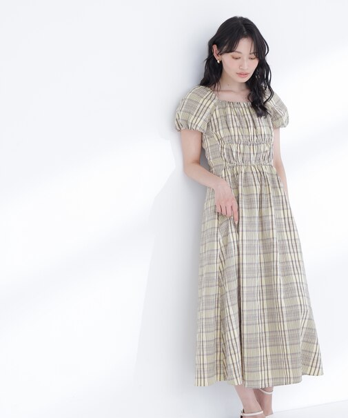 チェックパフスリーブワンピース