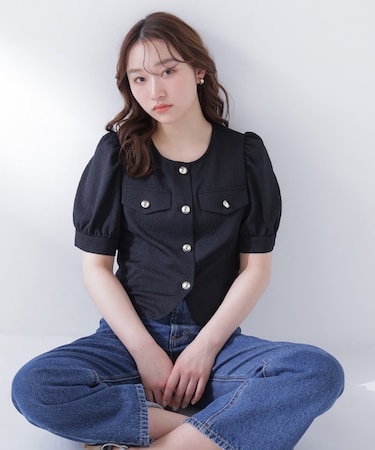 ゴールドボタンジャガードブラウス