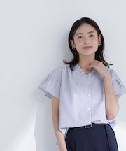 ストライプフリルネックブラウス