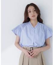 ストライプフリルネックブラウス