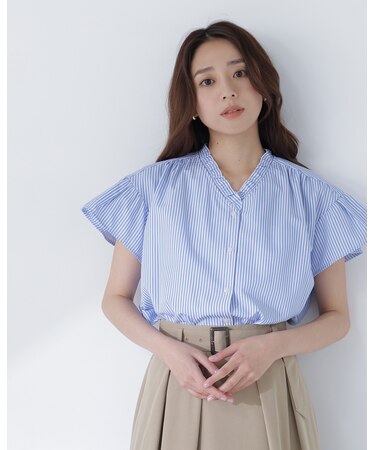 ストライプフリルネックブラウス