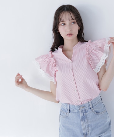 レーストリムストライプブラウス