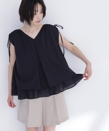 ショルダーリボンティアードチュニックブラウス