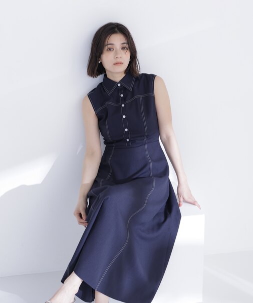 襟付きバイカラーステッチワンピース