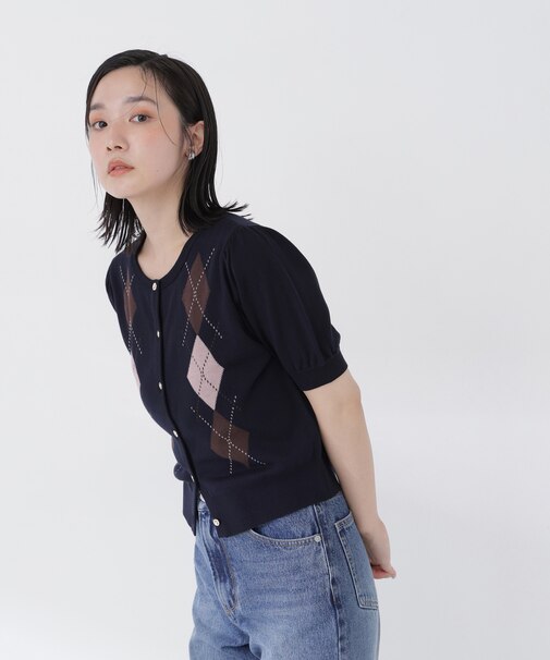 アーガイルハーフスリーブカーディガン