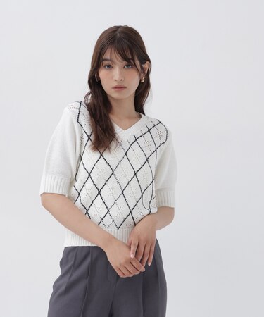 アーガイル半袖ニット
