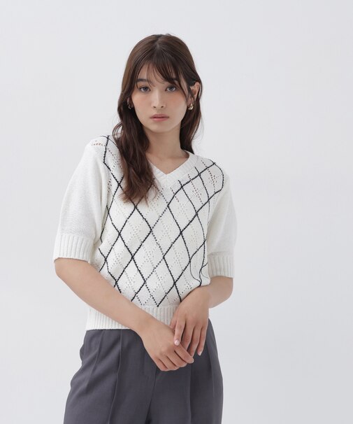 アーガイル半袖ニット
