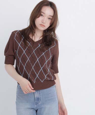 アーガイル半袖ニット
