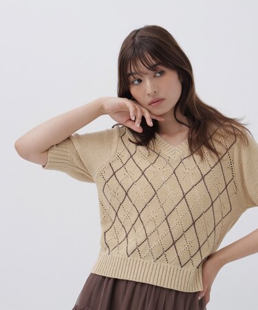アーガイル半袖ニット