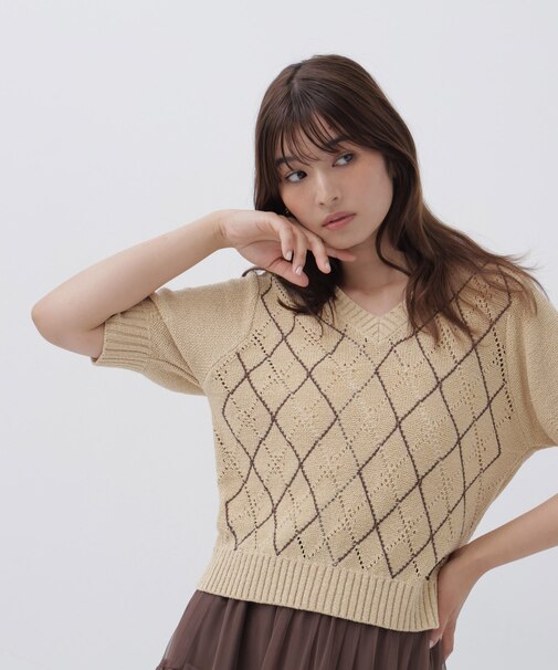 アーガイル半袖ニット